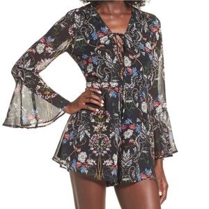 Lush Black Floral Long Bell Sleeve Romper Size XS